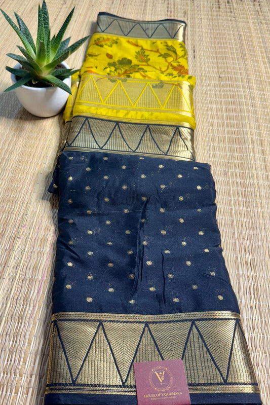 Yellow & Black Half & Half Kalamkari Mysore silk crepe