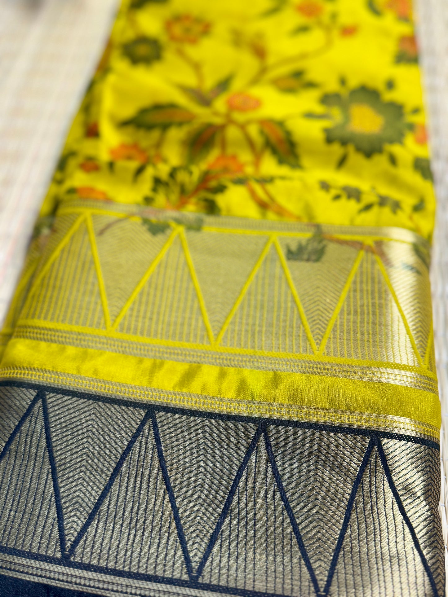 Yellow & Black Half & Half Kalamkari Mysore silk crepe