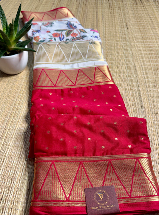 White & Red Half & Half Kalamkari Mysore silk crepe