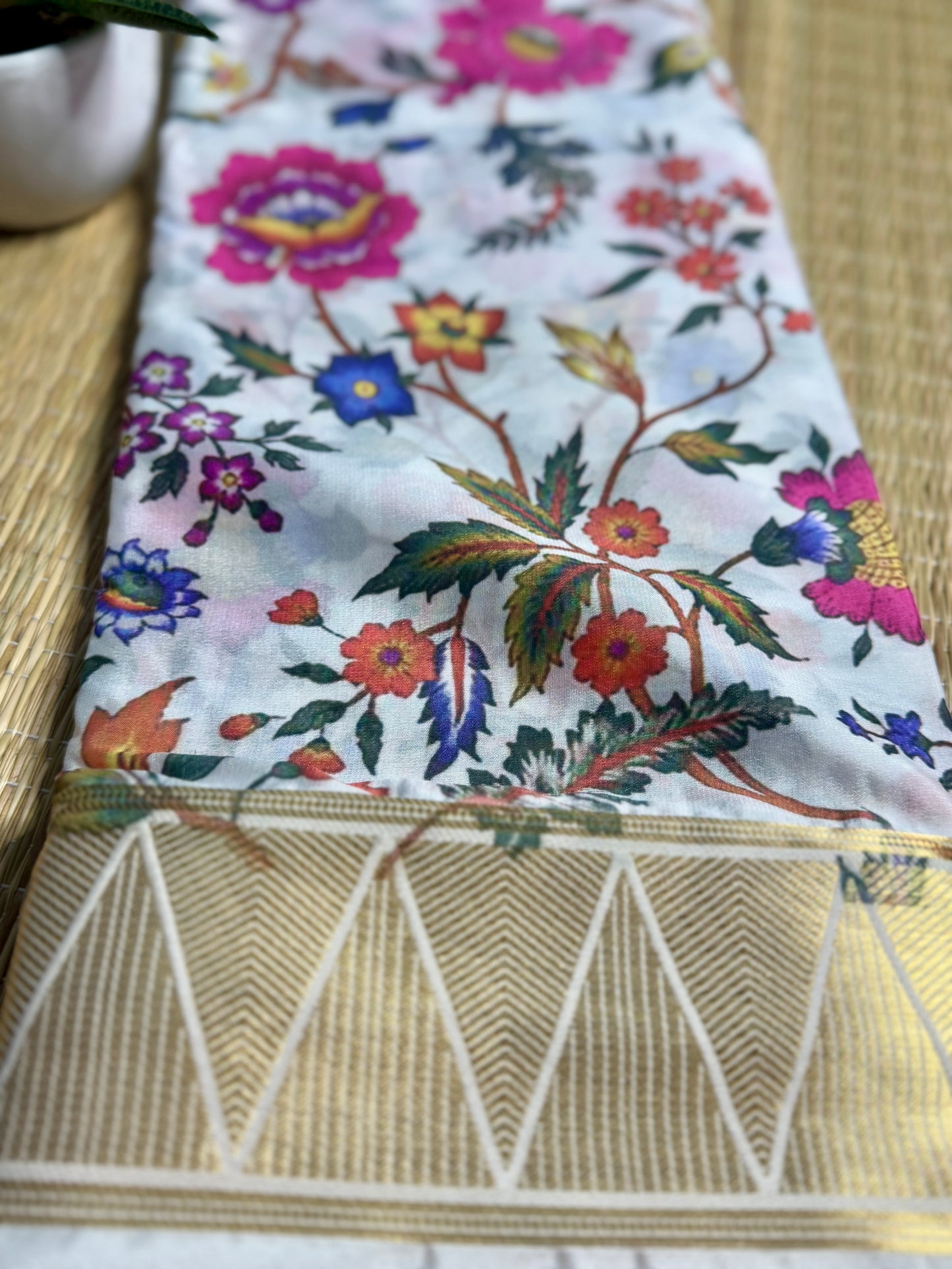 White & Red Half & Half Kalamkari Mysore silk crepe