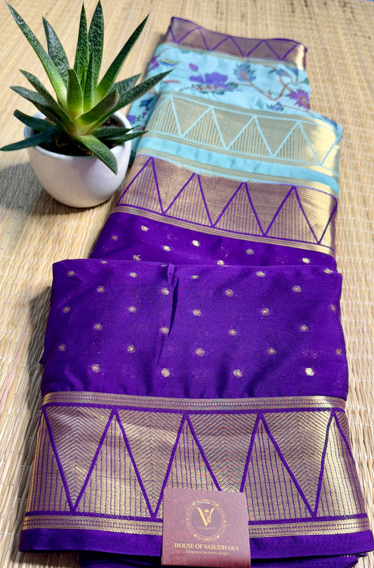 Teal blue & Purple Half & Half Kalamkari Mysore silk crepe