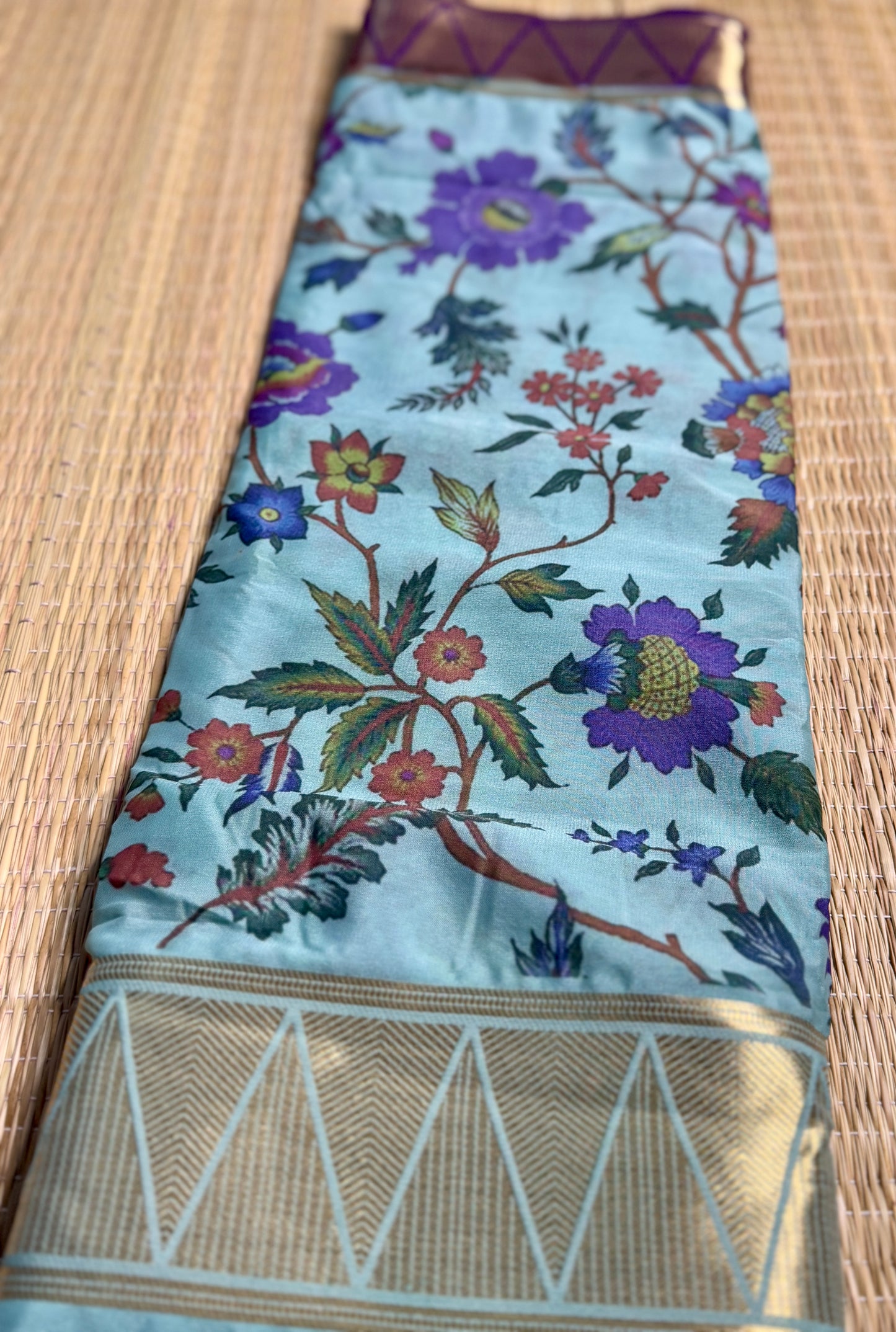 Teal blue & Purple Half & Half Kalamkari Mysore silk crepe