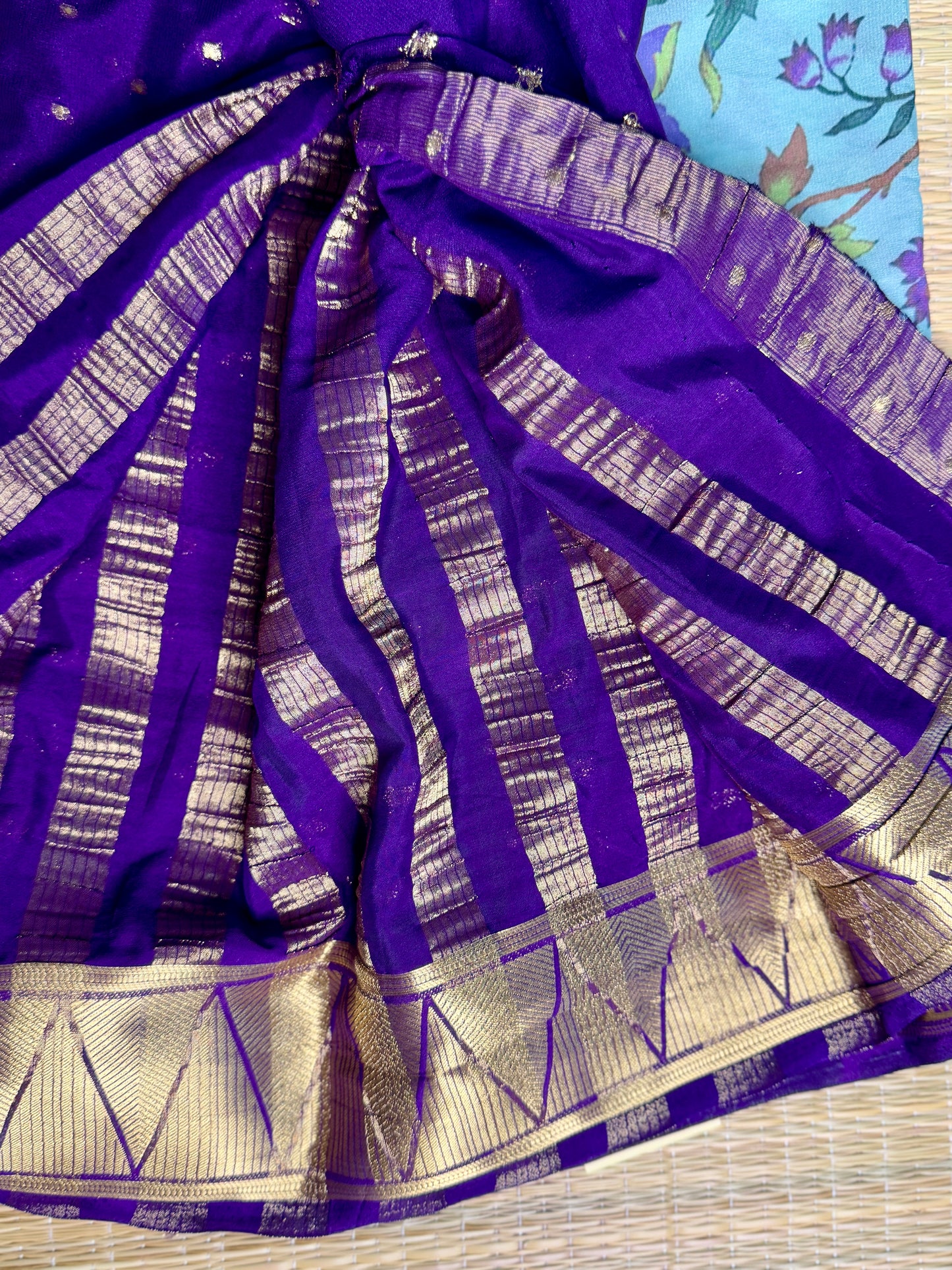 Teal blue & Purple Half & Half Kalamkari Mysore silk crepe