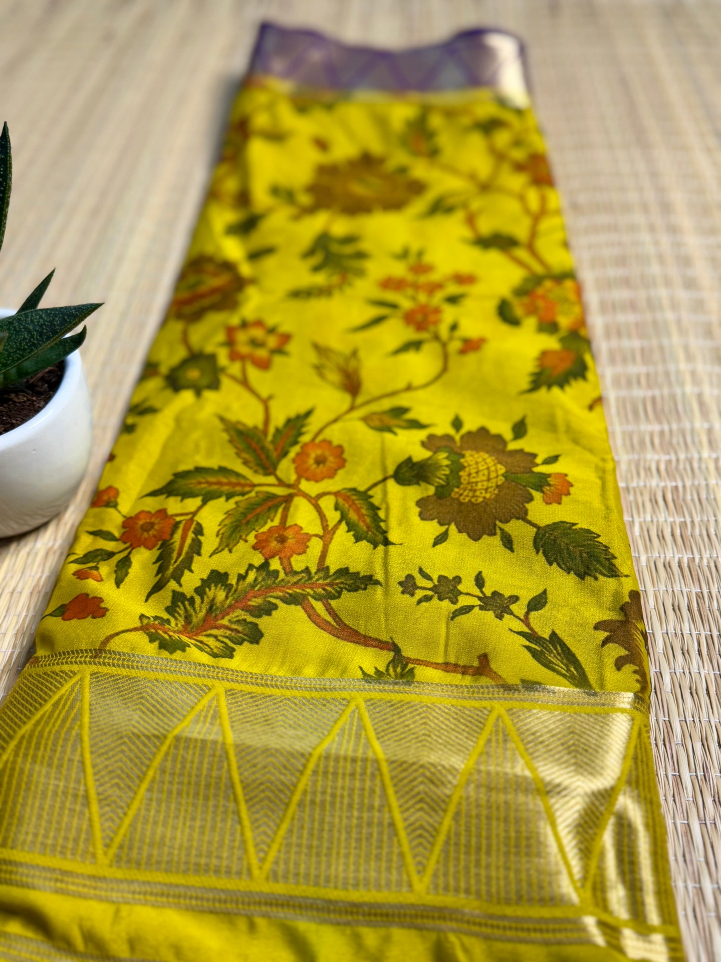 Yellow & Purple Half & Half Kalamkari Mysore silk crepe