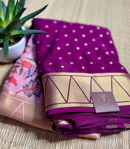 Magenta & Baby Pink Half & Half Kalamkari Mysore silk crepe
