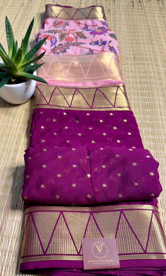 Magenta & Baby Pink Half & Half Kalamkari Mysore silk crepe