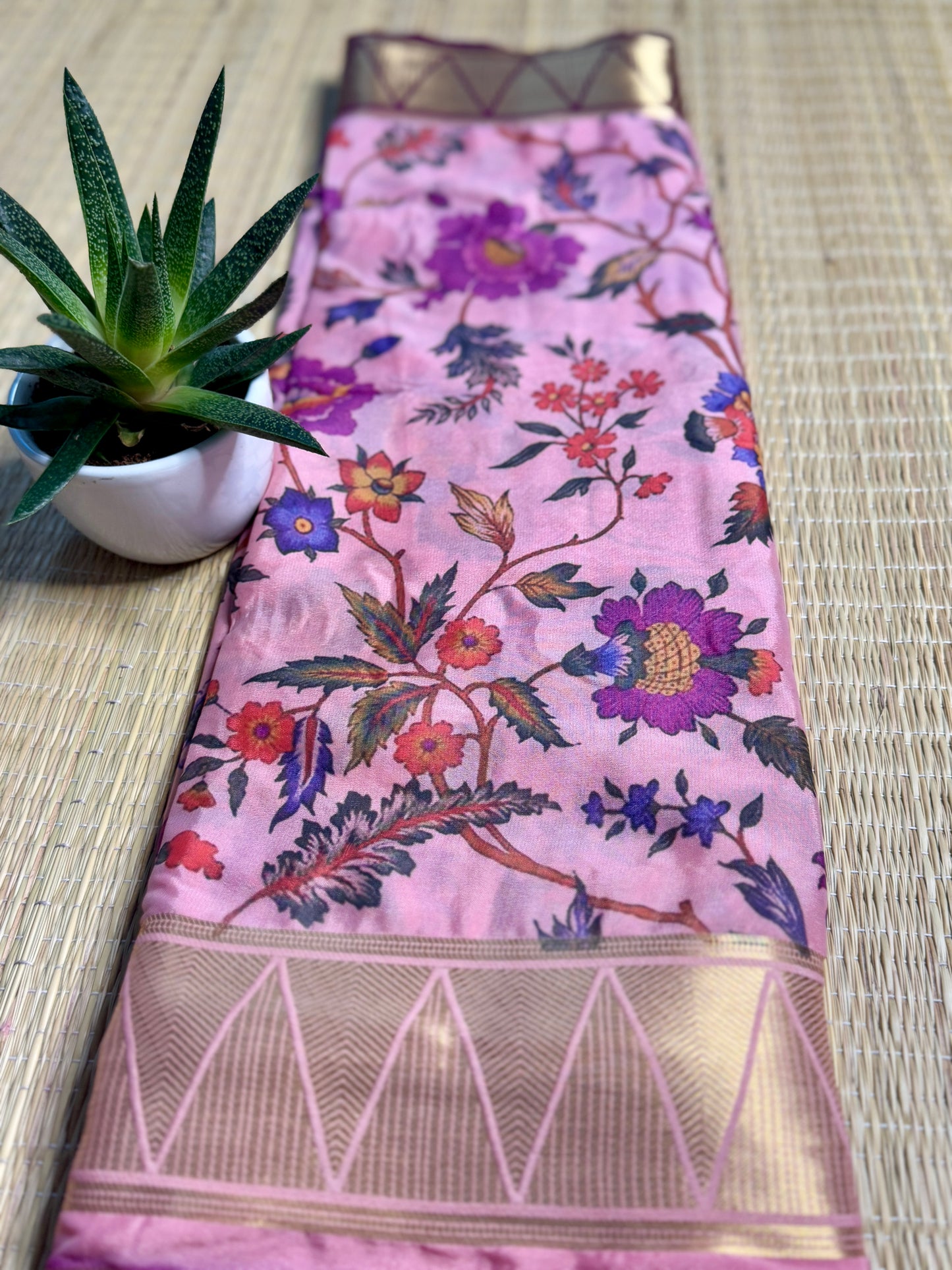 Magenta & Baby Pink Half & Half Kalamkari Mysore silk crepe