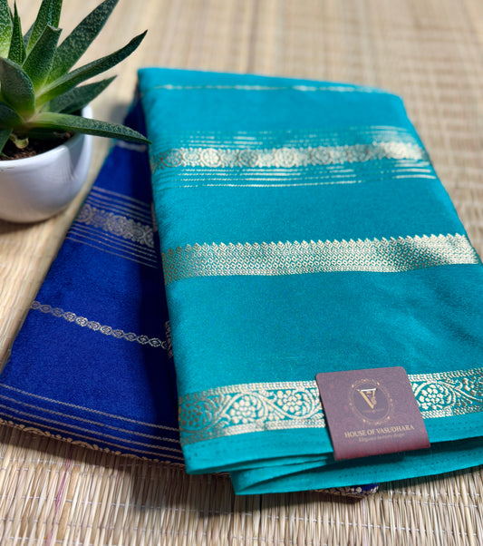 Blue and turquoise Half & Half Striped Mysore silk crepe
