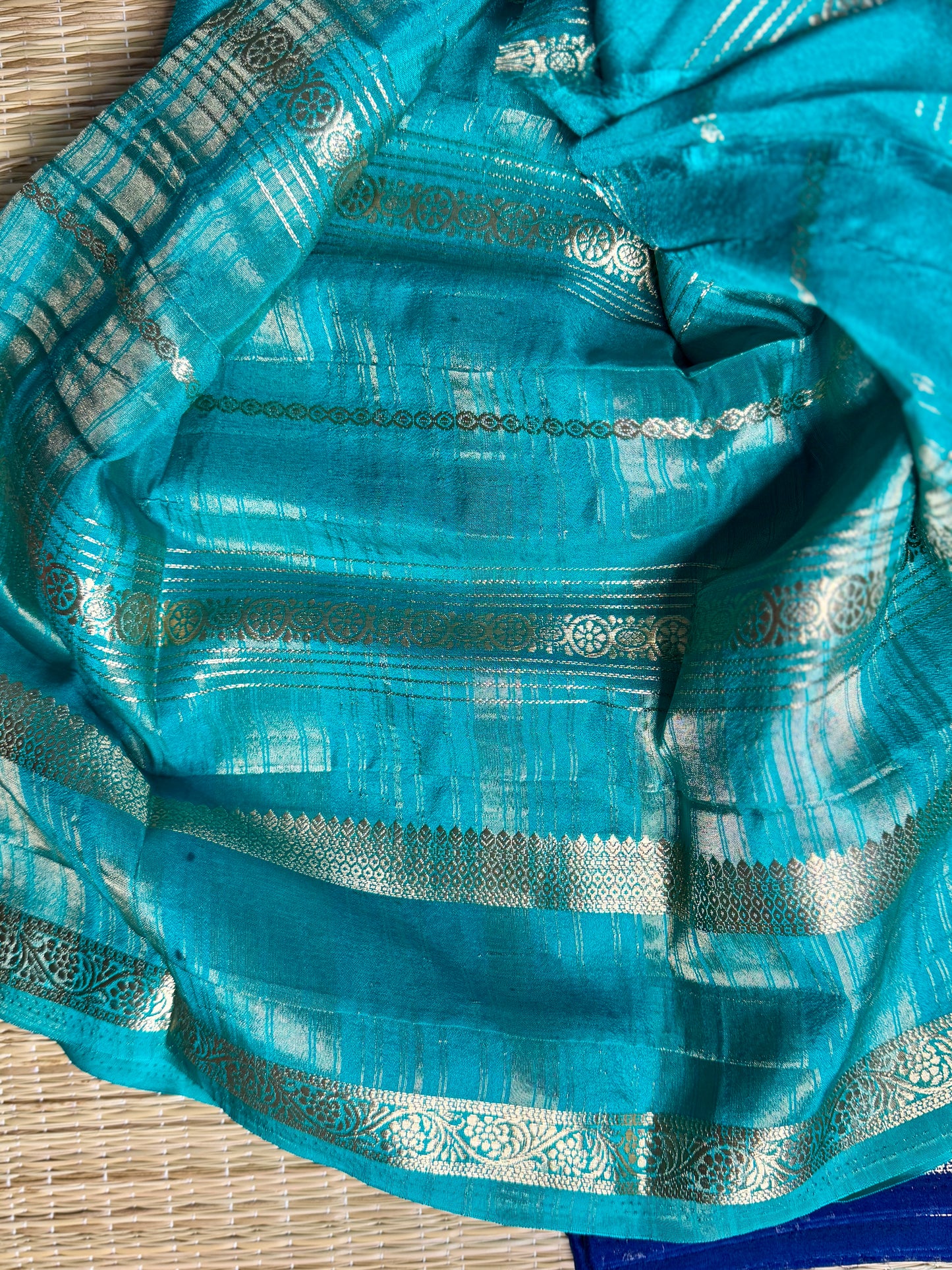Blue and turquoise Half & Half Striped Mysore silk crepe