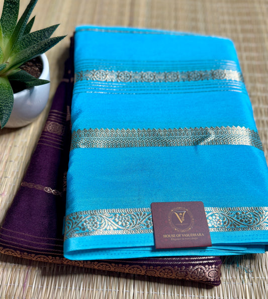Blue and Brown Half & Half Striped Mysore silk crepe