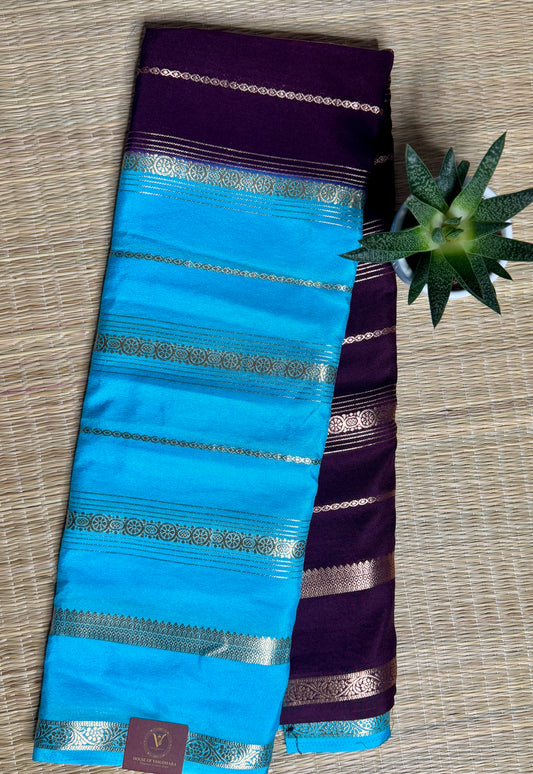 Blue and Brown Half & Half Striped Mysore silk crepe