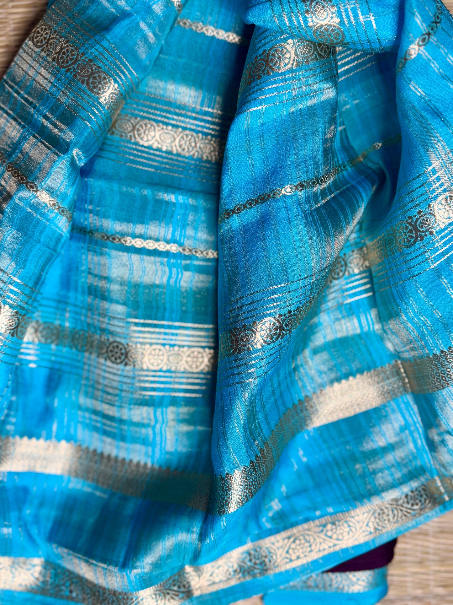 Blue and Brown Half & Half Striped Mysore silk crepe