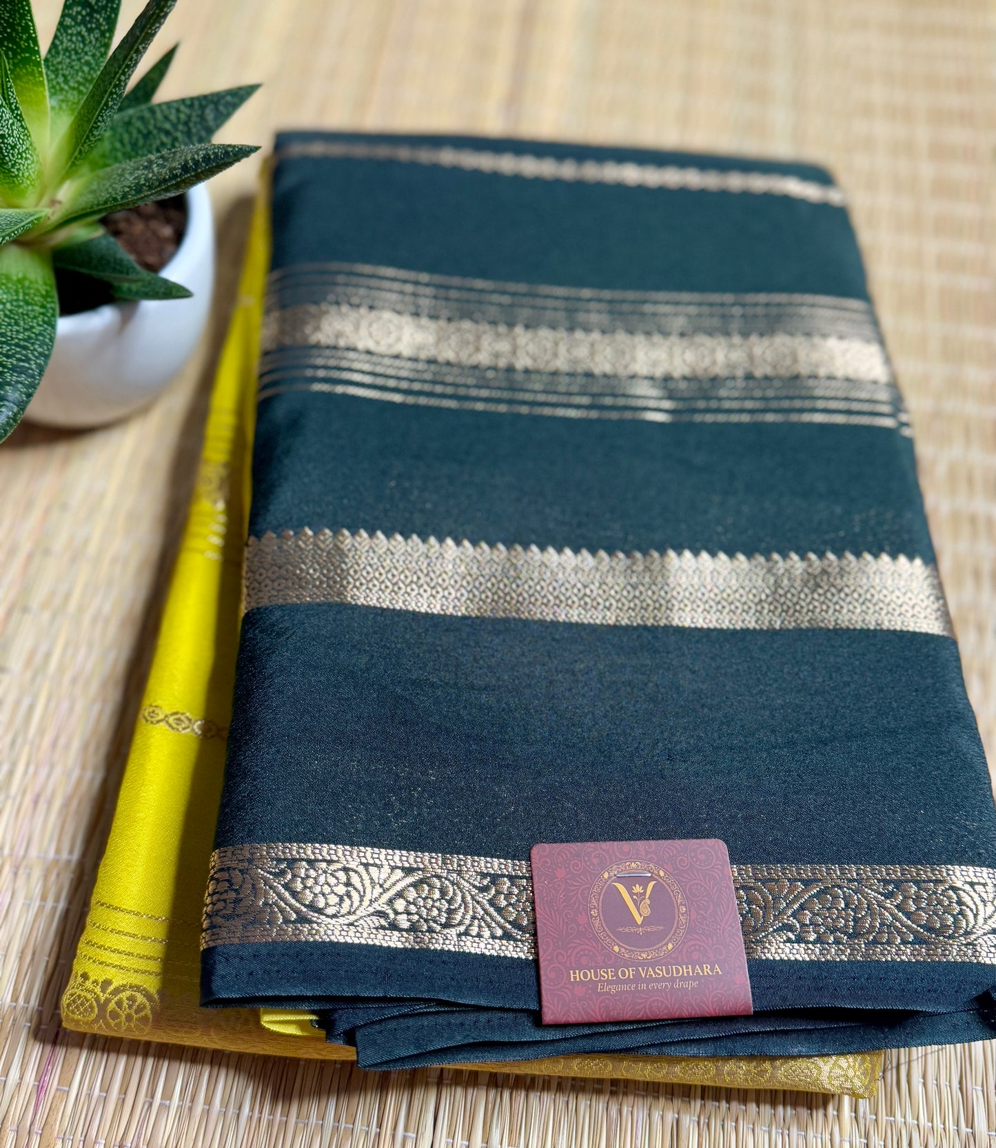 Mustard Yellow and Black Half & Half Striped Mysore silk crepe