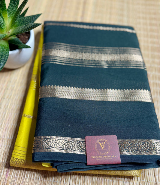 Mustard Yellow and Black Half & Half Striped Mysore silk crepe