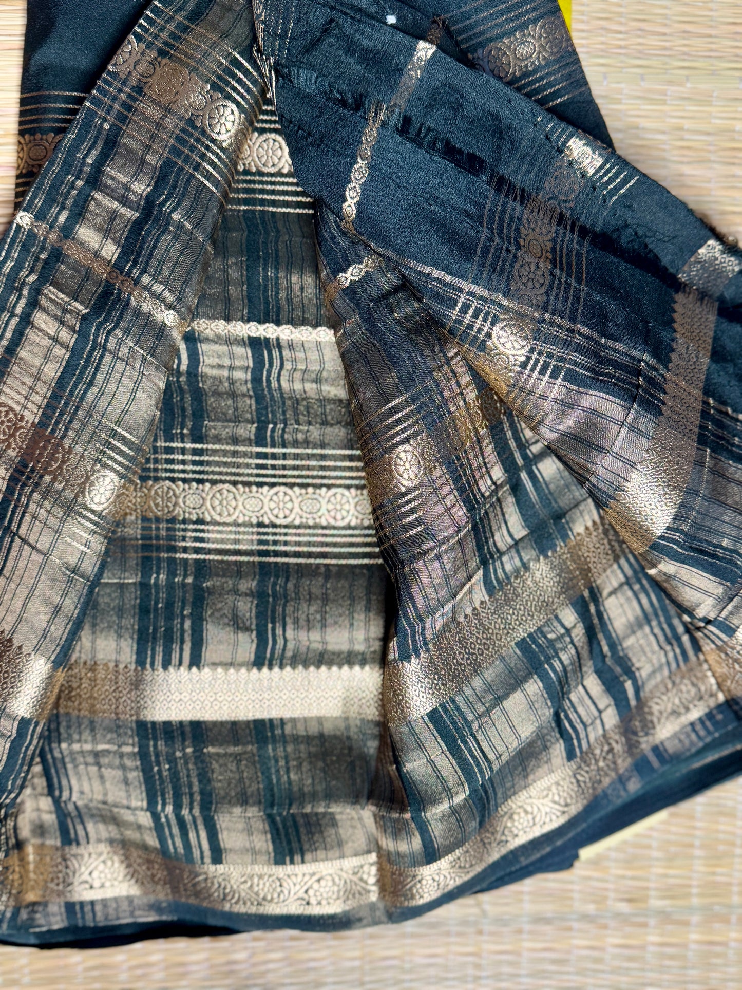 Mustard Yellow and Black Half & Half Striped Mysore silk crepe