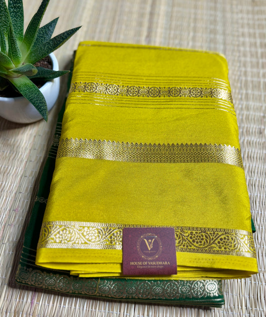 Mustard Yellow and Green Half & Half Striped Mysore silk crepe