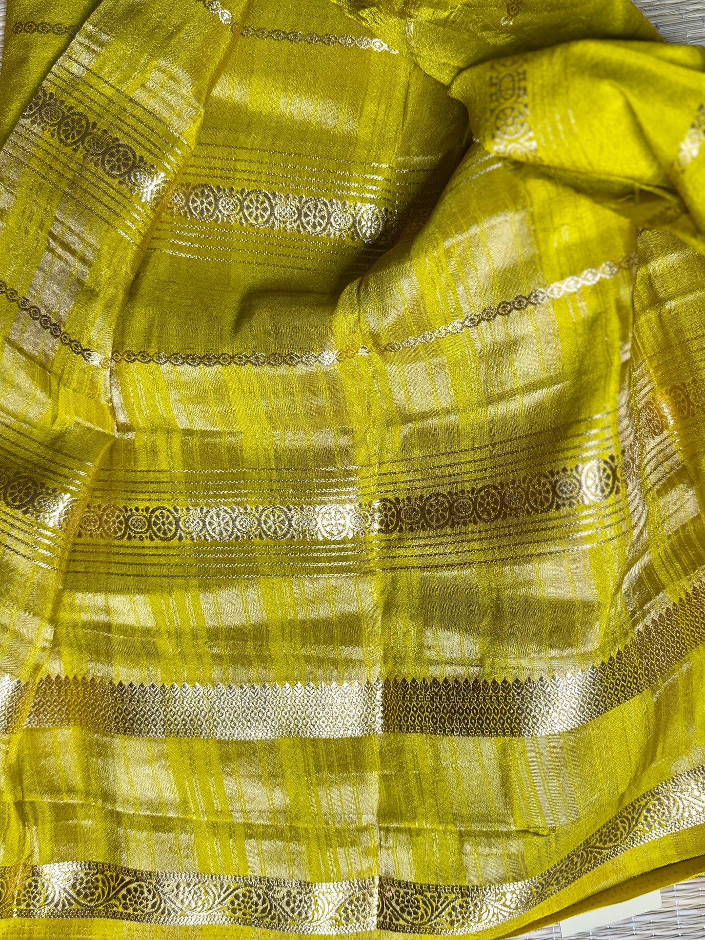 Mustard Yellow and Green Half & Half Striped Mysore silk crepe