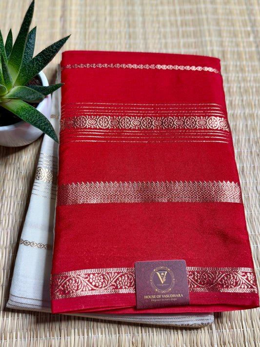 Red and White Half & Half Striped Mysore silk crepe