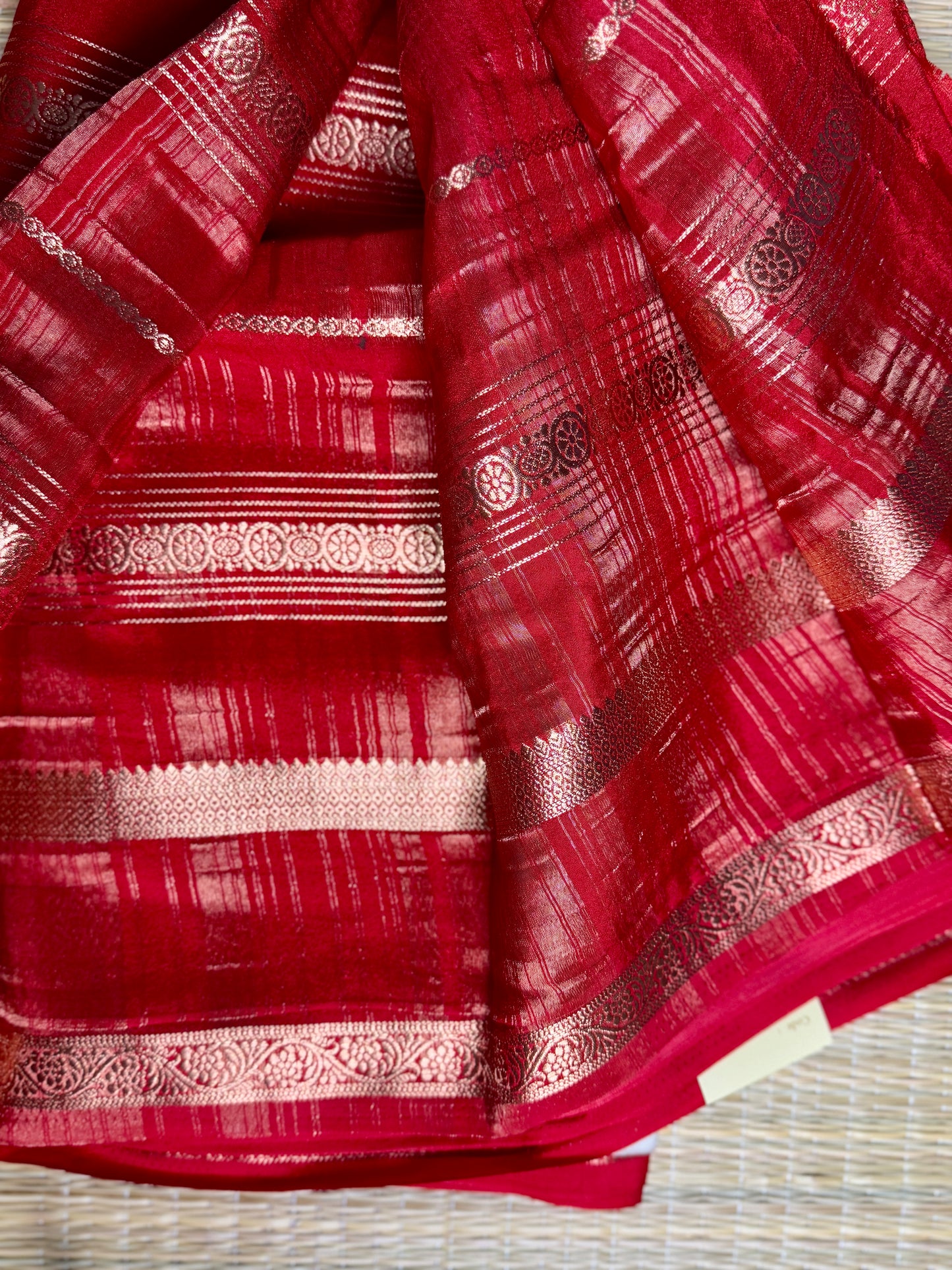 Red and White Half & Half Striped Mysore silk crepe