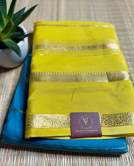 Blue and Yellow Half & Half Striped Mysore silk crepe