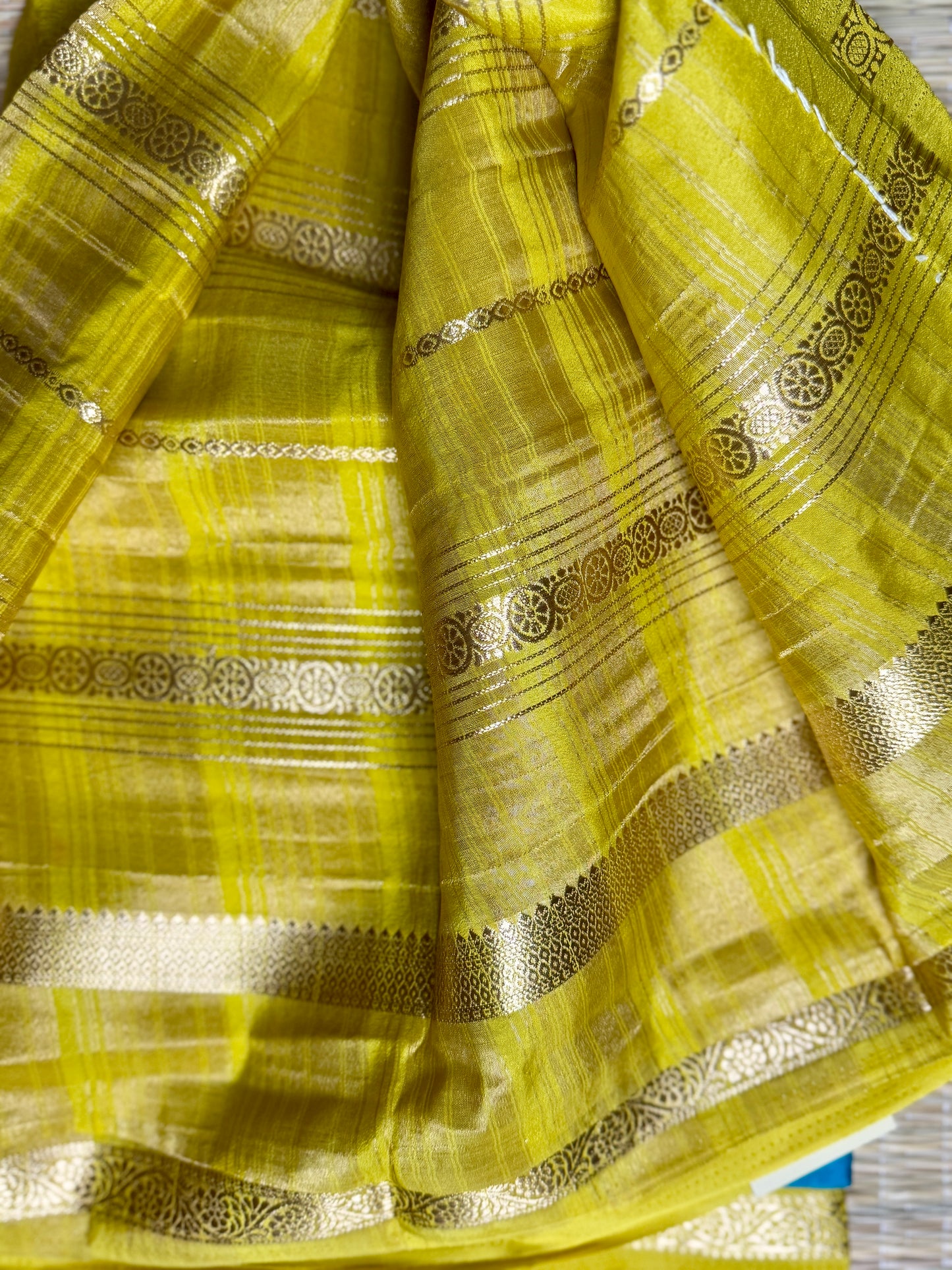 Blue and Yellow Half & Half Striped Mysore silk crepe