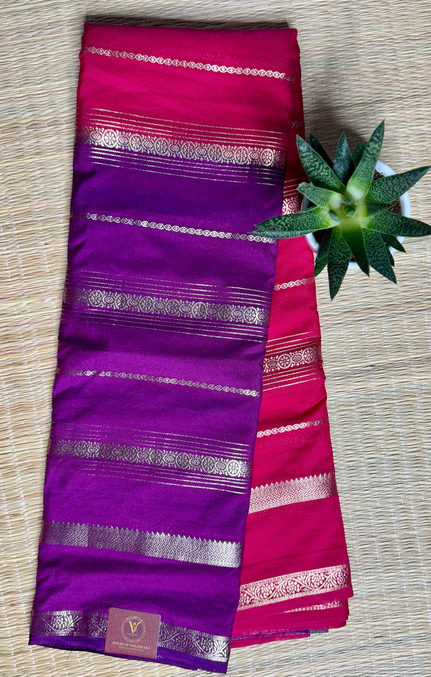 Pink and Purple Half & Half Striped Mysore silk crepe