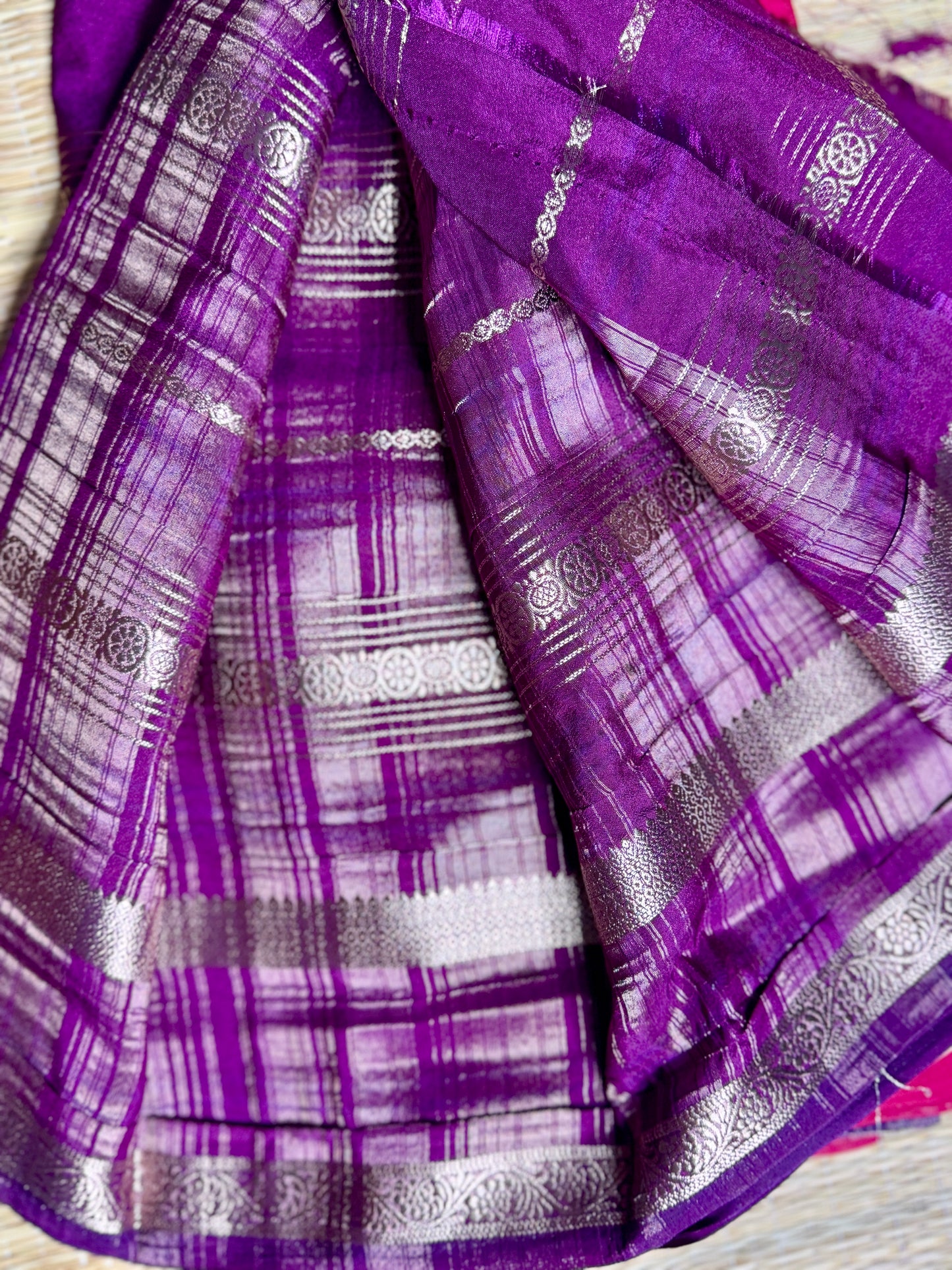 Pink and Purple Half & Half Striped Mysore silk crepe