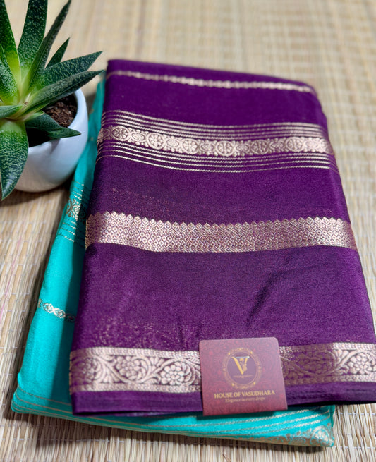 Teal blue and Purple Half & Half Striped Mysore silk crepe