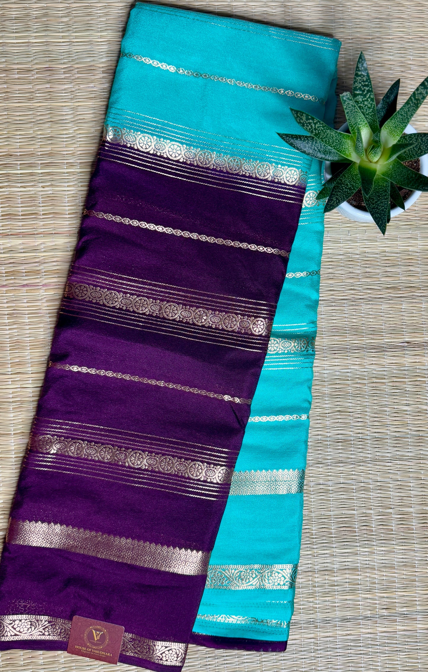 Teal blue and Purple Half & Half Striped Mysore silk crepe