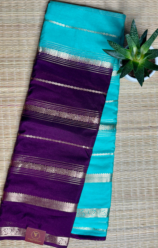 Teal blue and Purple Half & Half Striped Mysore silk crepe