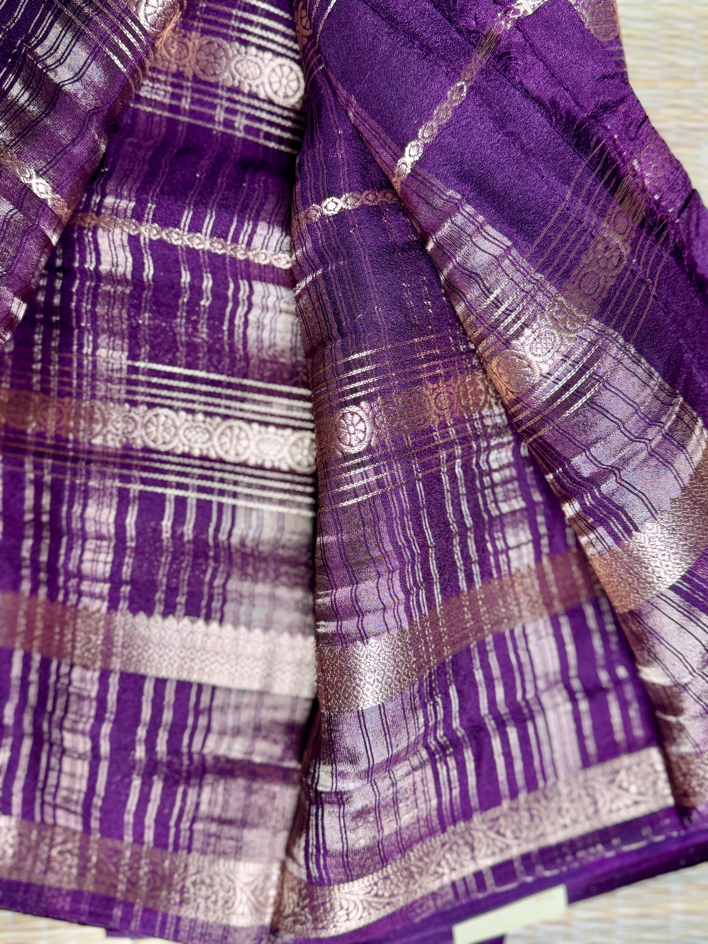 Teal blue and Purple Half & Half Striped Mysore silk crepe