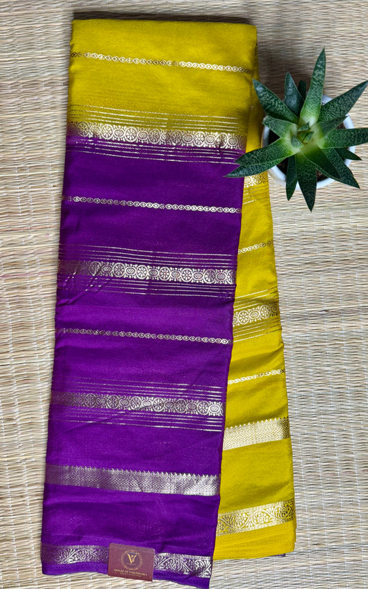 Mustard yellow and Purple Half & Half Striped Mysore silk crepe
