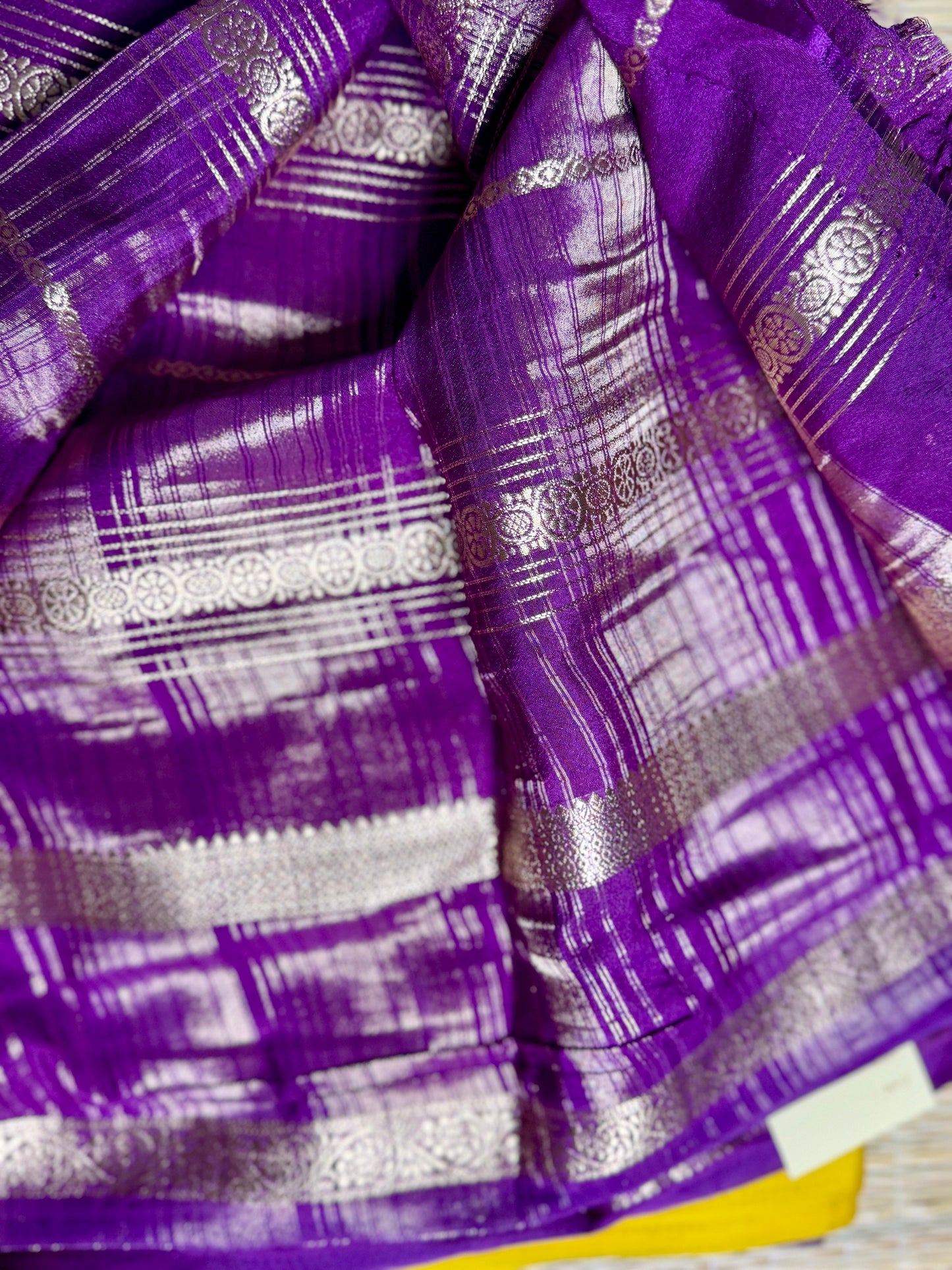 Mustard yellow and Purple Half & Half Striped Mysore silk crepe