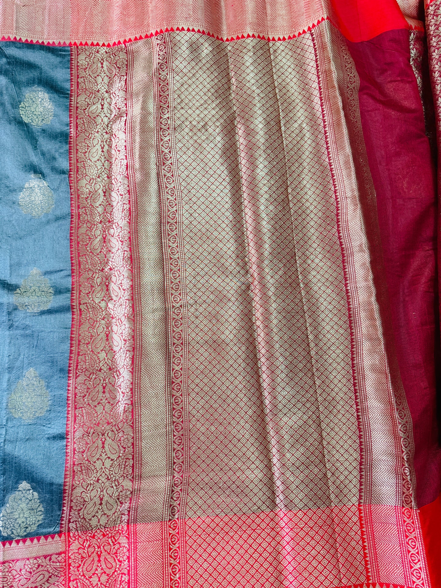 Grey & Red pure Banarasi silk saree