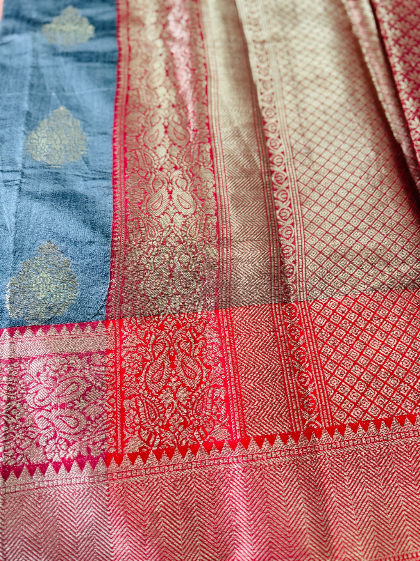 Grey & Red pure Banarasi silk saree