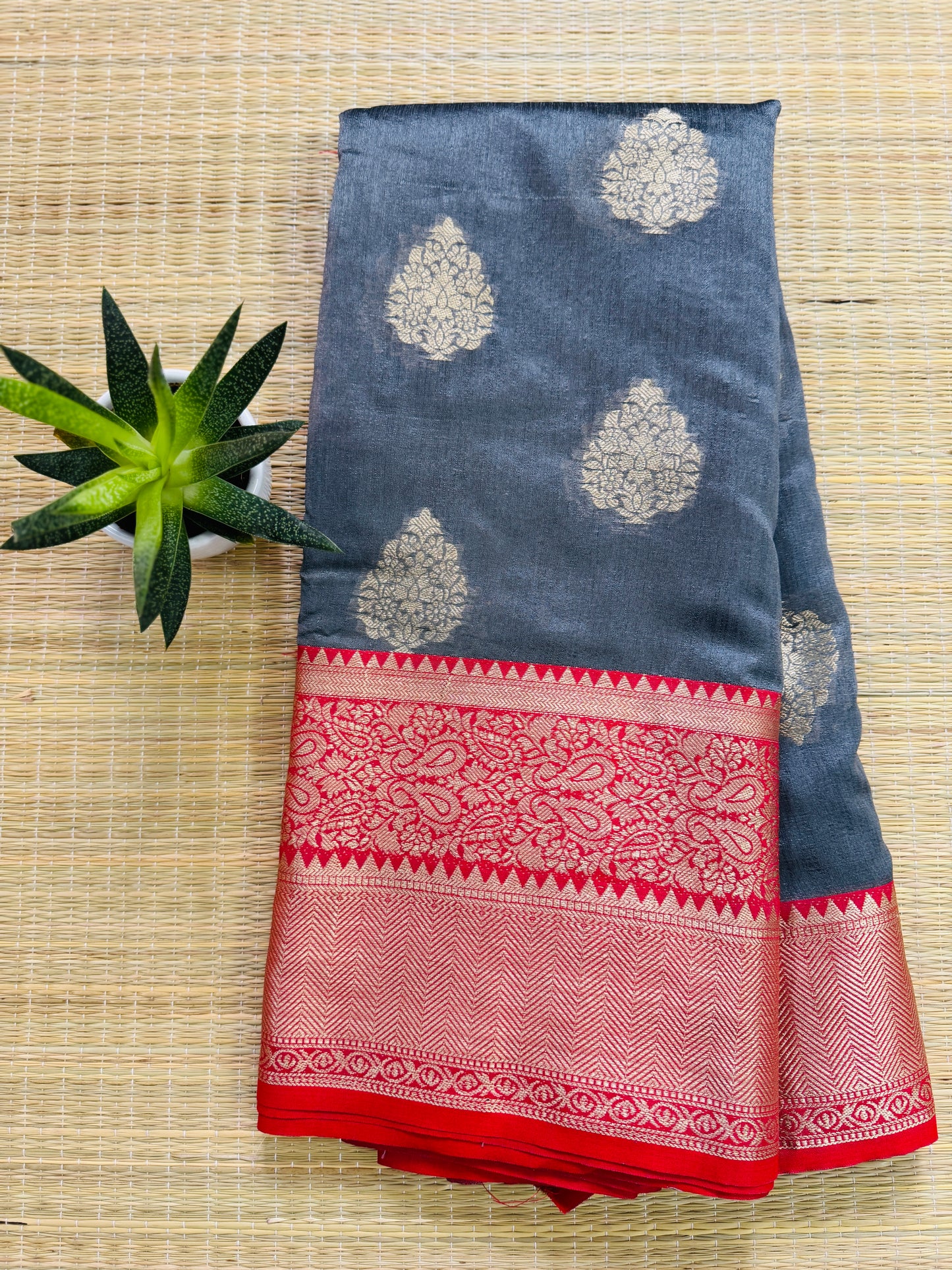 Grey & Red pure Banarasi silk saree