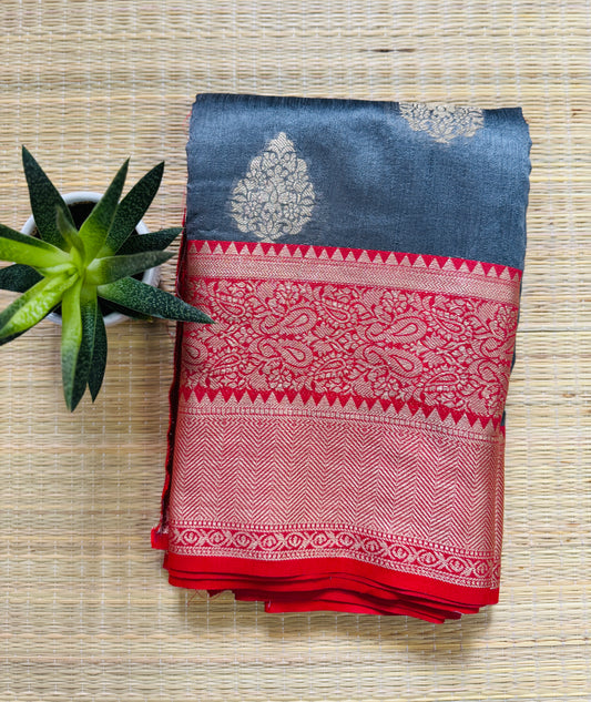 Grey & Red pure Banarasi silk saree