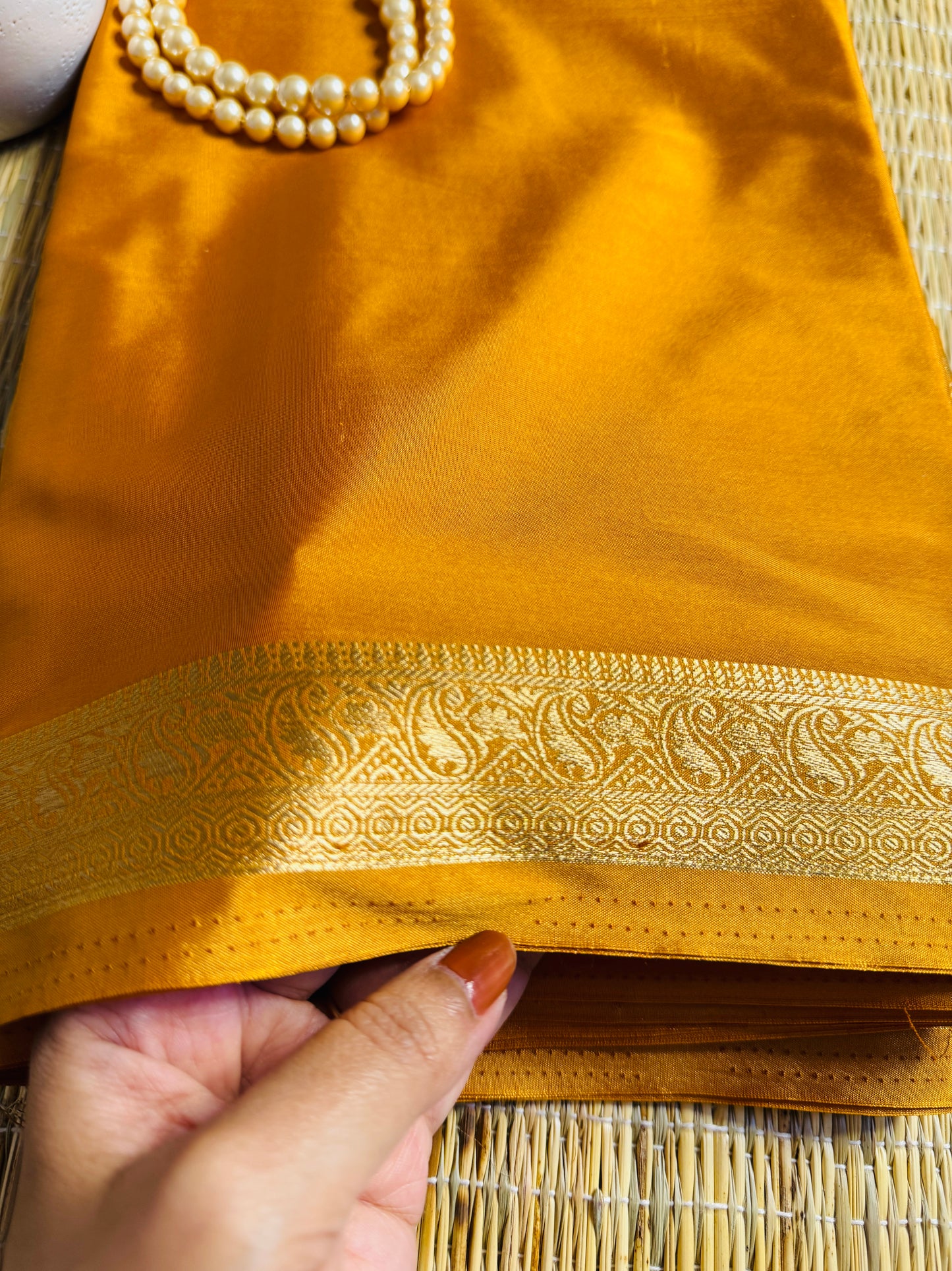 Mustard yellow Semi Crepe Silk Saree with Mango Zari Border