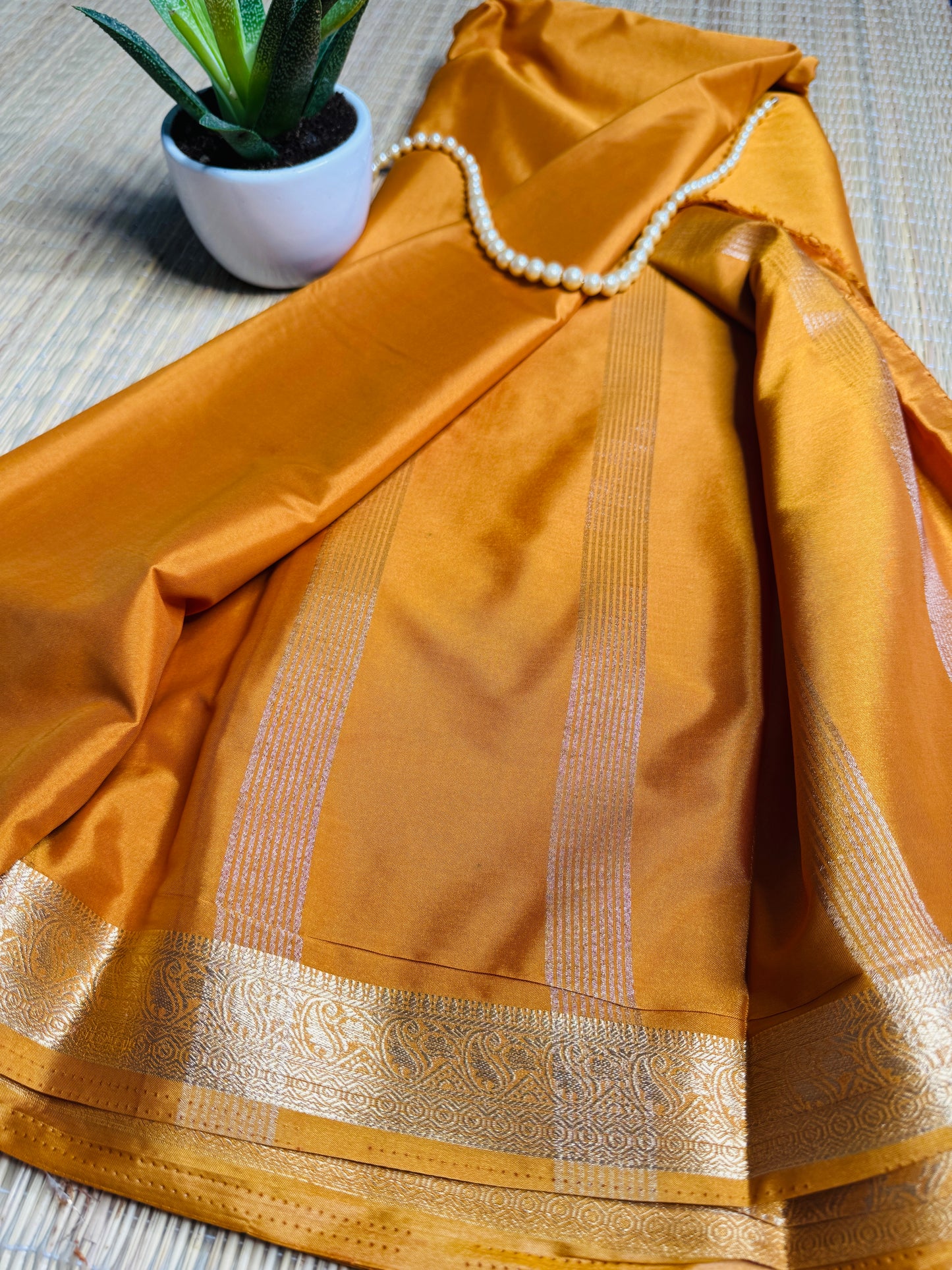 Mustard yellow Semi Crepe Silk Saree with Mango Zari Border