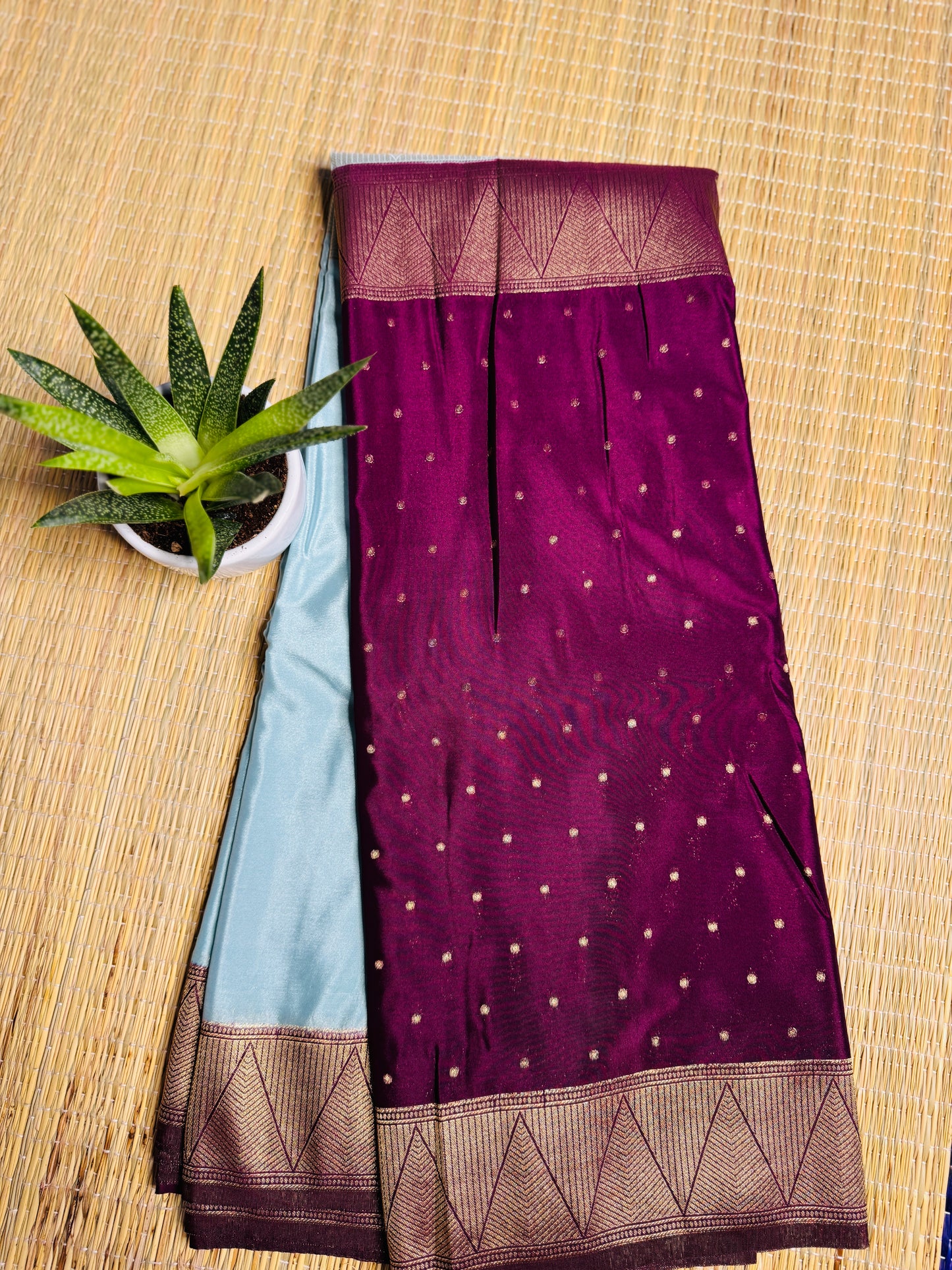 Light pastel blue& Deep plum half & half Mysore silk crepe saree