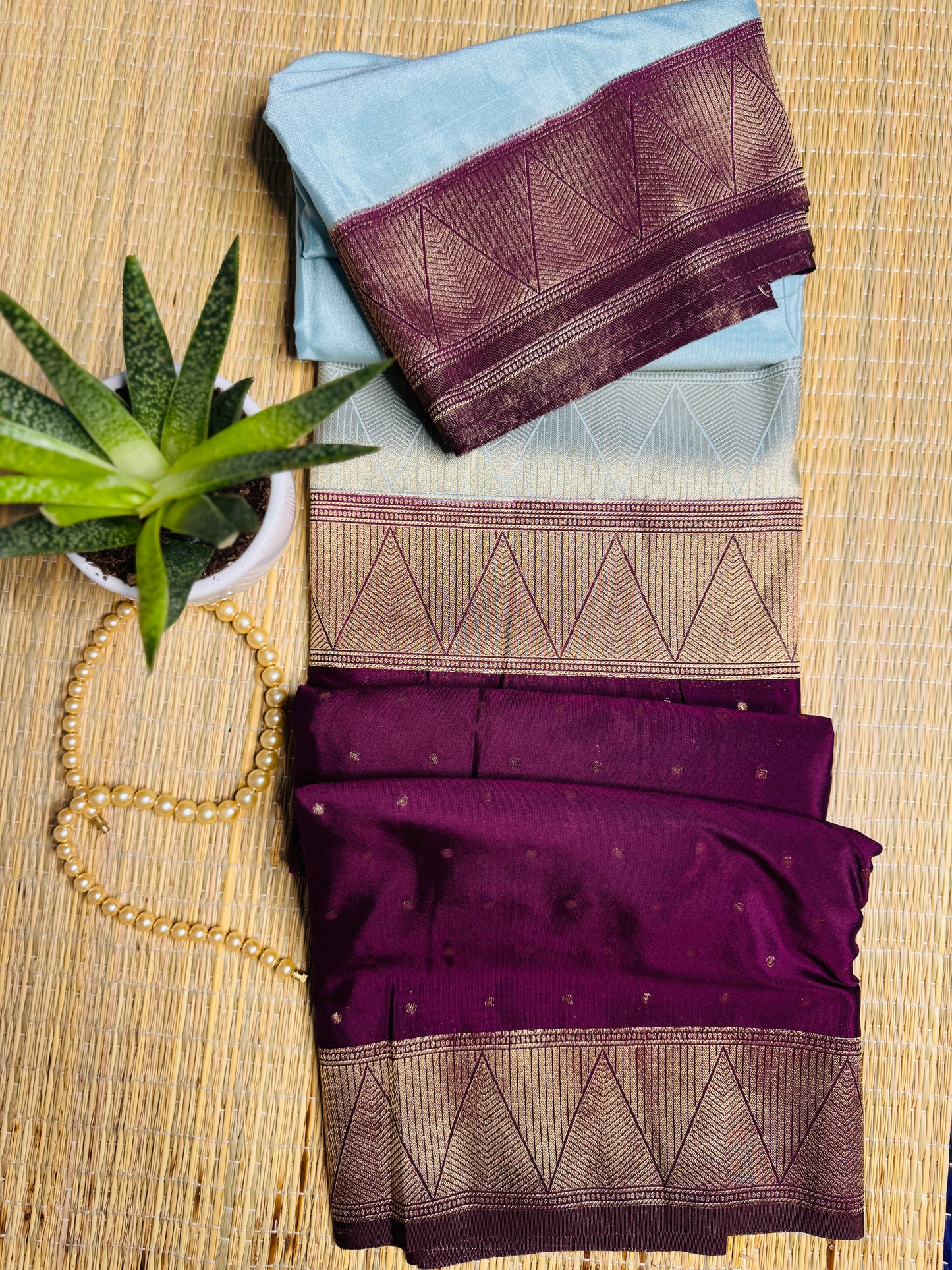 Light pastel blue& Deep plum half & half Mysore silk crepe saree