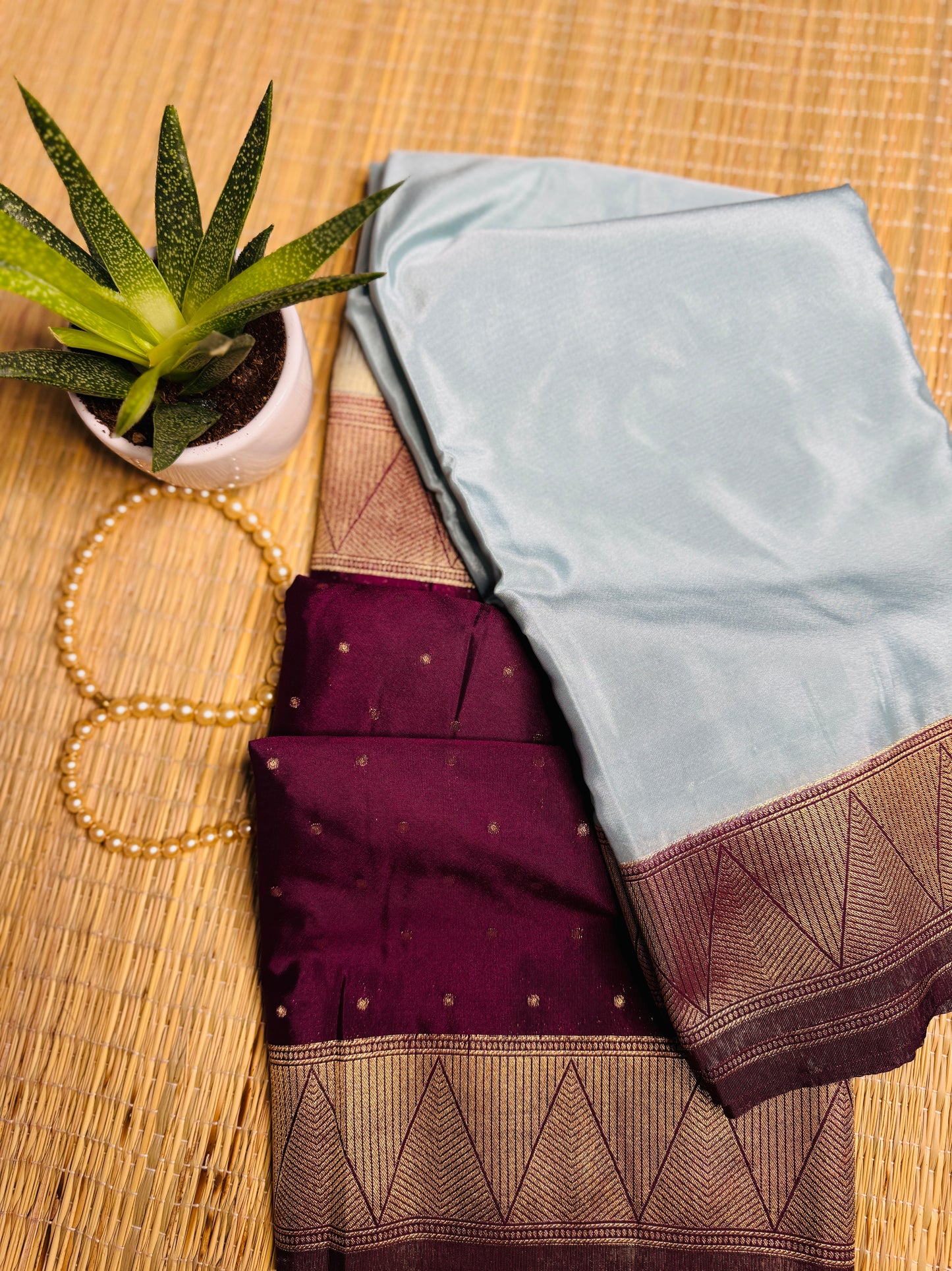 Light pastel blue& Deep plum half & half Mysore silk crepe saree