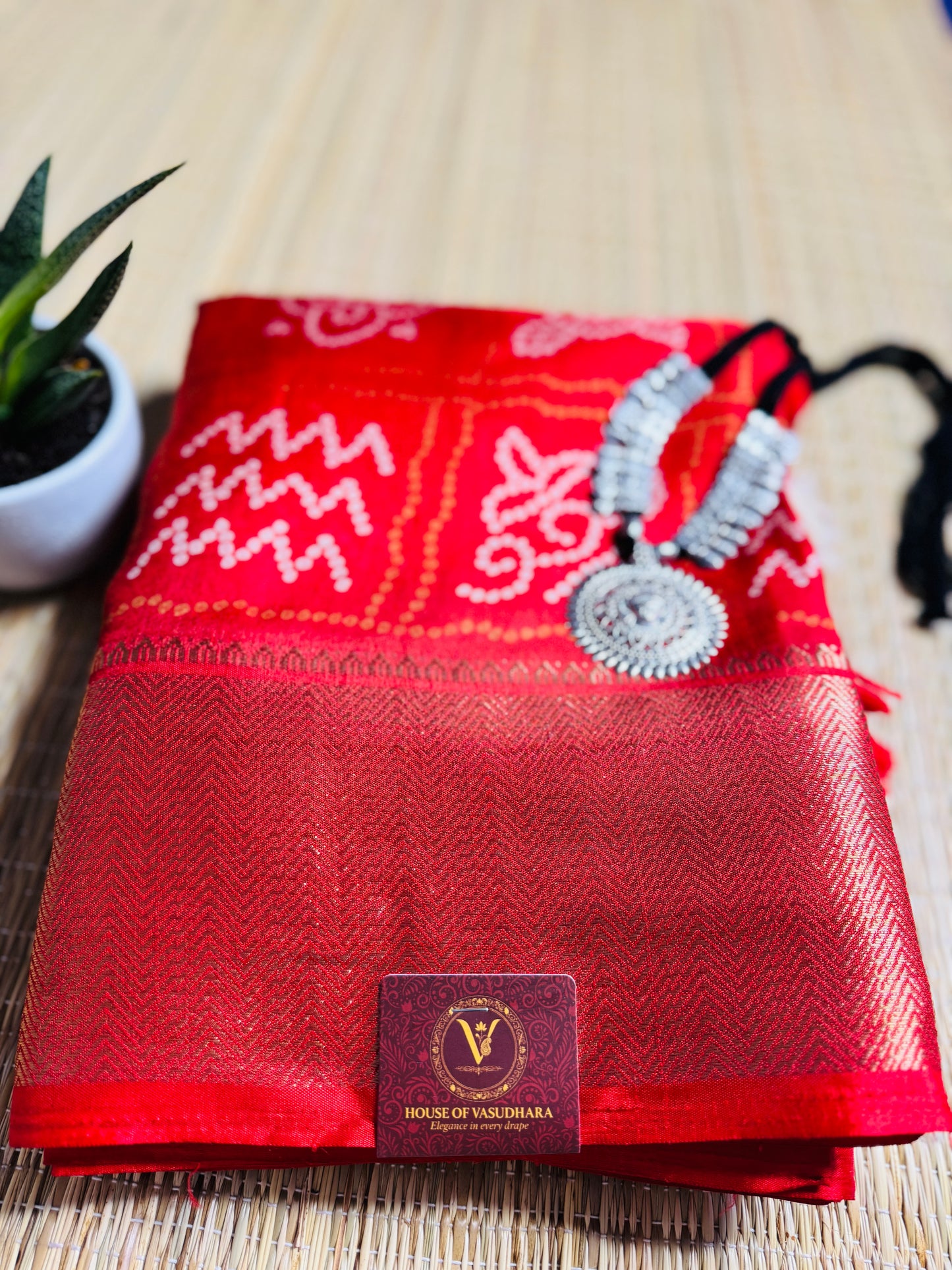 Red Dola Bandhani Silk Saree with Zari Border