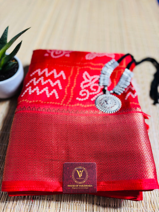 Red Dola Bandhani Silk Saree with Zari Border