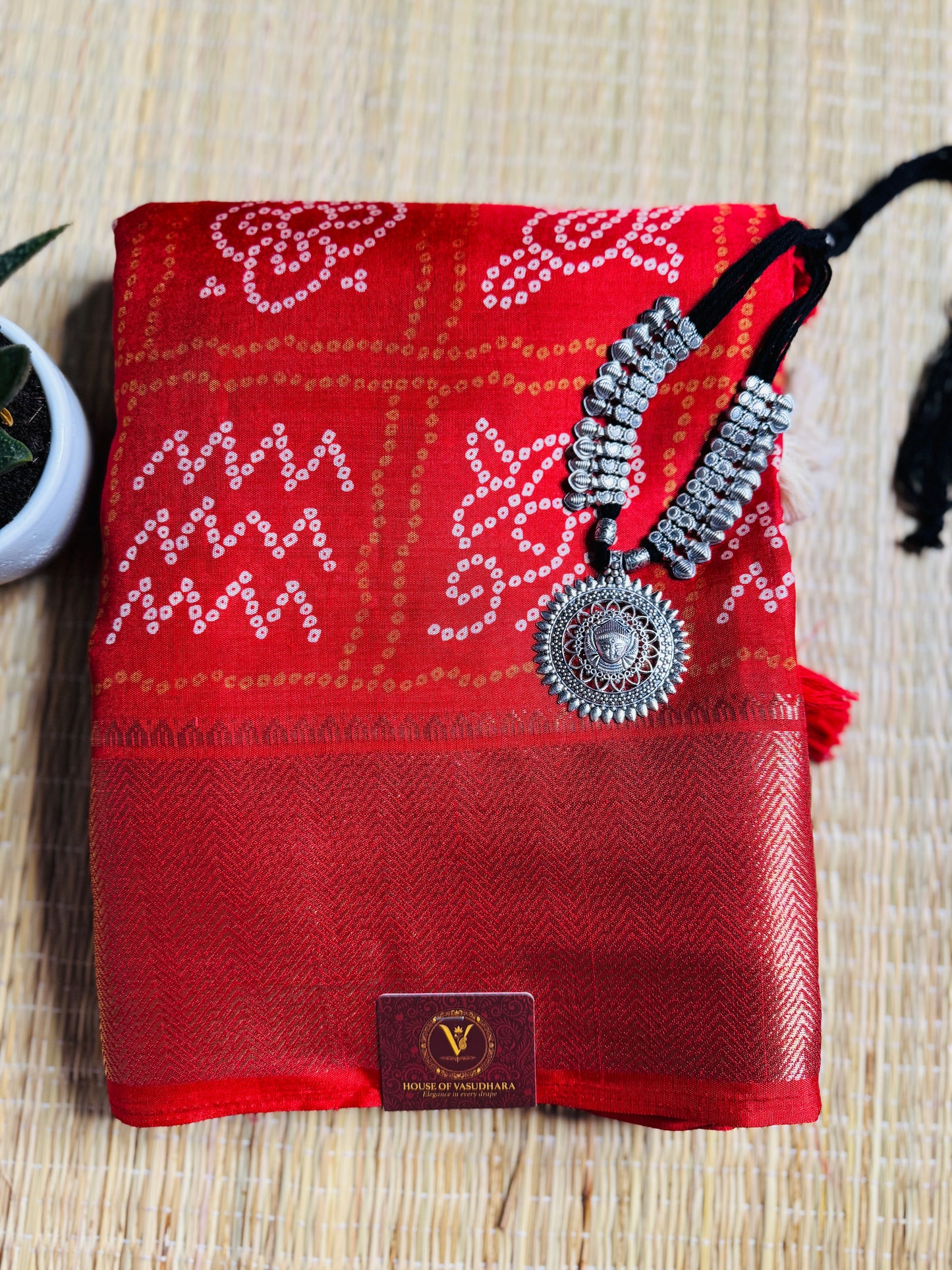 Red Dola Bandhani Silk Saree with Zari Border