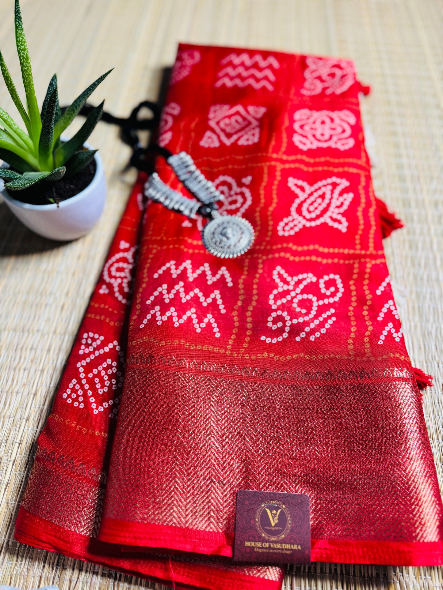 Red Dola Bandhani Silk Saree with Zari Border