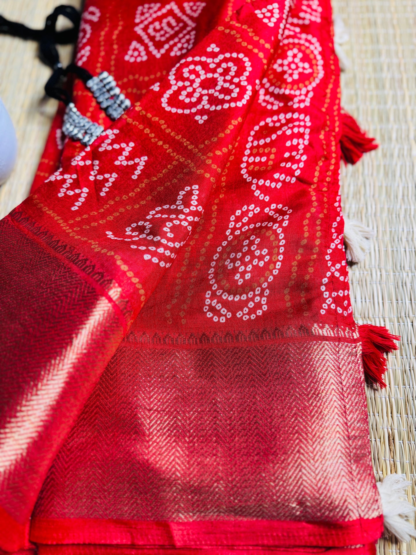 Red Dola Bandhani Silk Saree with Zari Border