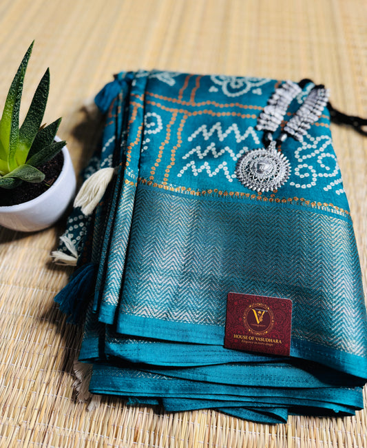 Sea green Dola Bandhani Silk Saree with Zari Border
