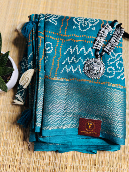 Sea green Dola Bandhani Silk Saree with Zari Border