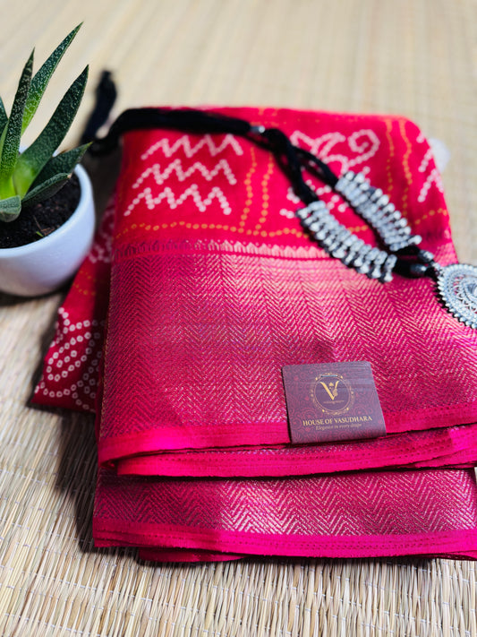 Pink Bandhani Silk Saree with Zari Border